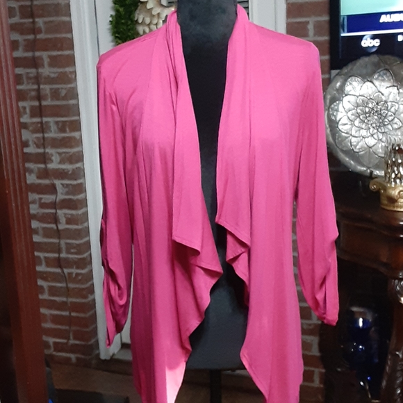 Chelsea & Theodore deep rose dark pink stretch cardigan roll tab Large New… - Picture 1 of 8